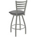A Holland Bar Stool Jackie Ladderback swivel bar stool with an anodized nickel finish and a gray cushion.