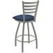 A Holland Bar Stool Jackie ladderback swivel counter stool with blue and white cushion.