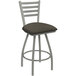 A Holland Bar Stool Jackie Ladderback Swivel Bar Stool with Graph Chalice Seat in Anodized Nickel.