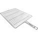 A stainless steel wire flat grill basket with a handle.