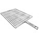 A stainless steel Mibrasa double grill basket with a handle.