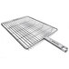A stainless steel grill basket with two wire grids and a handle.