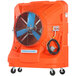 An orange Portacool evaporative cooler with a large fan on wheels.