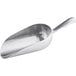 A silver aluminum scoop with a handle.