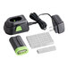 The black and green Genesis battery charger and battery for the Genesis 8V cordless electric stapler/nailer.