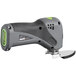 A black and grey Genesis cordless oscillating tool with a green blade attached.