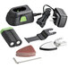A black and green Genesis 8V cordless oscillating tool with battery and charger.