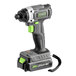 A close-up of a black and green Genesis 20V cordless drill.