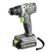 A close up of a Genesis cordless drill with a green and black handle.