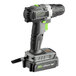 A close up of a black and green Genesis cordless drill with a white background.