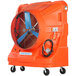 An orange Portacool evaporative cooler on wheels with a blue hose.