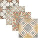A display of tan tiles with different geometric patterns.