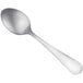 A Delco Windsor III stainless steel demitasse spoon with a silver handle.