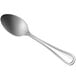 A Oneida stainless steel demitasse spoon with a silver handle on a white background.