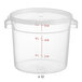 A Vigor translucent round polypropylene food storage container with measurements on it.