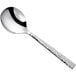 A Oneida stainless steel bouillon spoon with a hammered handle.