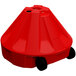 A red plastic cone shaped object with black wheels.