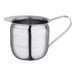 A silver stainless steel bell creamer with a handle.
