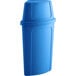 A blue Lavex corner round trash can with a blue push door lid.