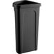 A black plastic Lavex corner round trash can with black lid.