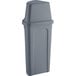 A gray Lavex corner round trash can with a gray push door lid.