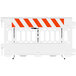 A white Plasticade Pathcade barricade with engineer grade white striped sheeting on one side.