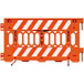 An orange Plasticade Pathcade barricade with white engineer grade striped sheeting on one side.