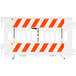 A white Plasticade parade barricade with a white striped sign on it.