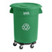 A green plastic Lavex recycling can with wheels.