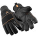 A pair of black RefrigiWear PolarForce gloves with orange stitching.