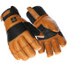 A pair of RefrigiWear warehouse gloves with black and brown leather on a white background.