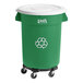 A green Lavex commercial recycling can with a white lid and dolly.