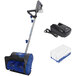 A black and blue Snow Joe cordless snow shovel with battery and charger.