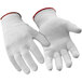 A pair of white RefrigiWear glove liners with red trim.