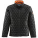 A black RefrigiWear quilted jacket with orange trim.