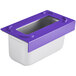 A white and purple plastic container with a purple lid for 1/3 size stainless steel hotel pans.