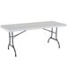 A white rectangular Lifetime folding table with metal legs.