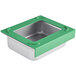 A green and silver square container lid for a stainless steel hotel pan.