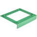 A green metal frame for stacking square stainless steel pans.