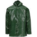 A Tingley Iron Eagle green rain jacket with a hood and buttons.