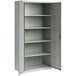A light gray metal storage cabinet with open doors and shelves.