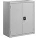 A light gray steel storage cabinet with two shelves and two doors.