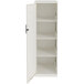 A white Hirsh Industries storage locker cabinet with shelves and vented doors.