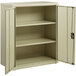 A putty metal storage cabinet with shelves and two doors open.