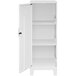 A white metal Hirsh Industries storage locker cabinet with open doors and shelves.