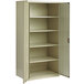 A putty metal storage cabinet with open doors and shelves.