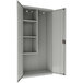 A light gray metal Hirsh Industries janitorial cabinet with shelves.