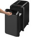 A person's hand opening a Fellowes Powershred LX220 black paper shredder.