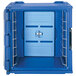 A navy blue plastic front loading container with 6 rails inside.