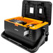 A Brother P-Touch Edge Wireless Transportable Desktop Labeling System with a black and orange design.